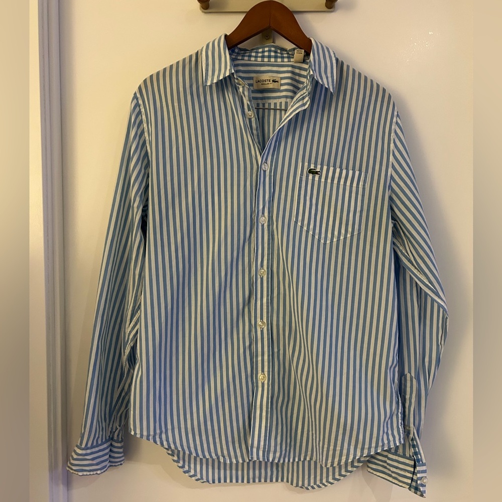 Lacoste Regular Fit Striped Button-Down Shirt – Blue & White – Size US M